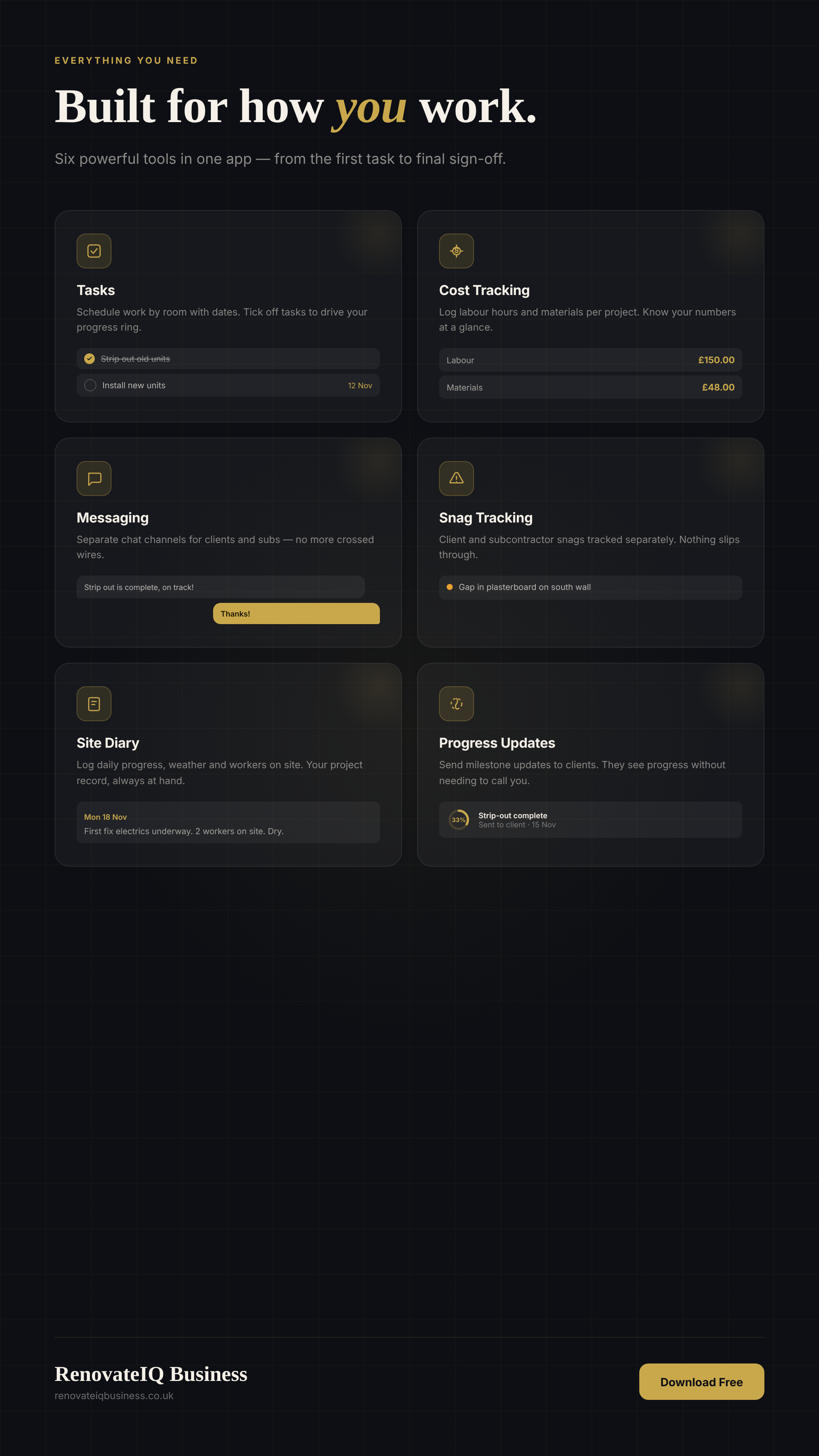 RenovateIQ Business — tasks, costs, snags, diary and progress tracking